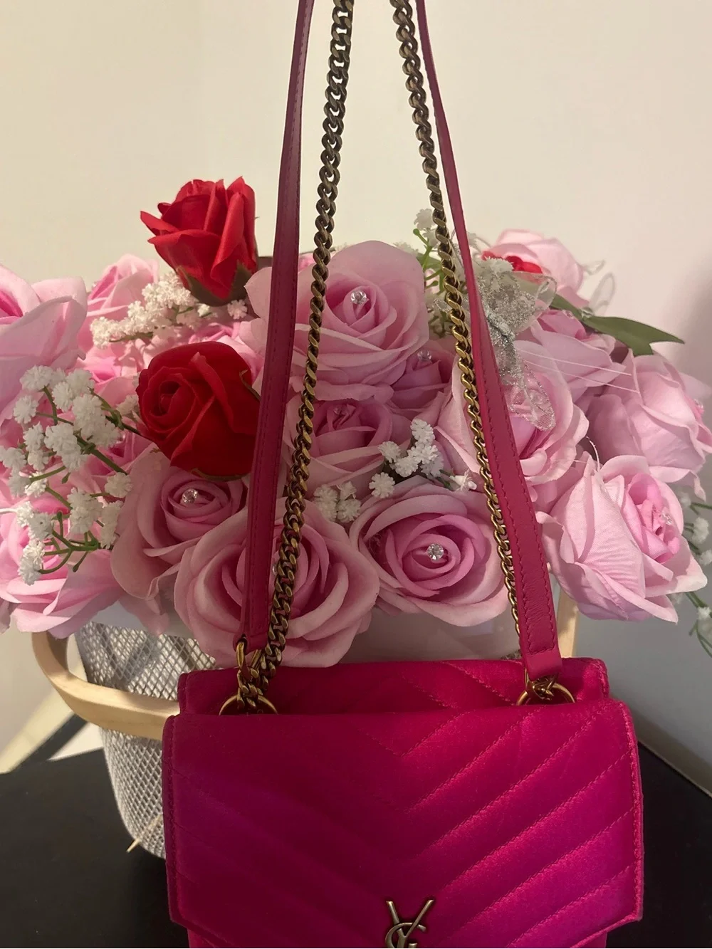 Saint Laurent Fuchsia Quilted Satchel with Gold YSL Accent